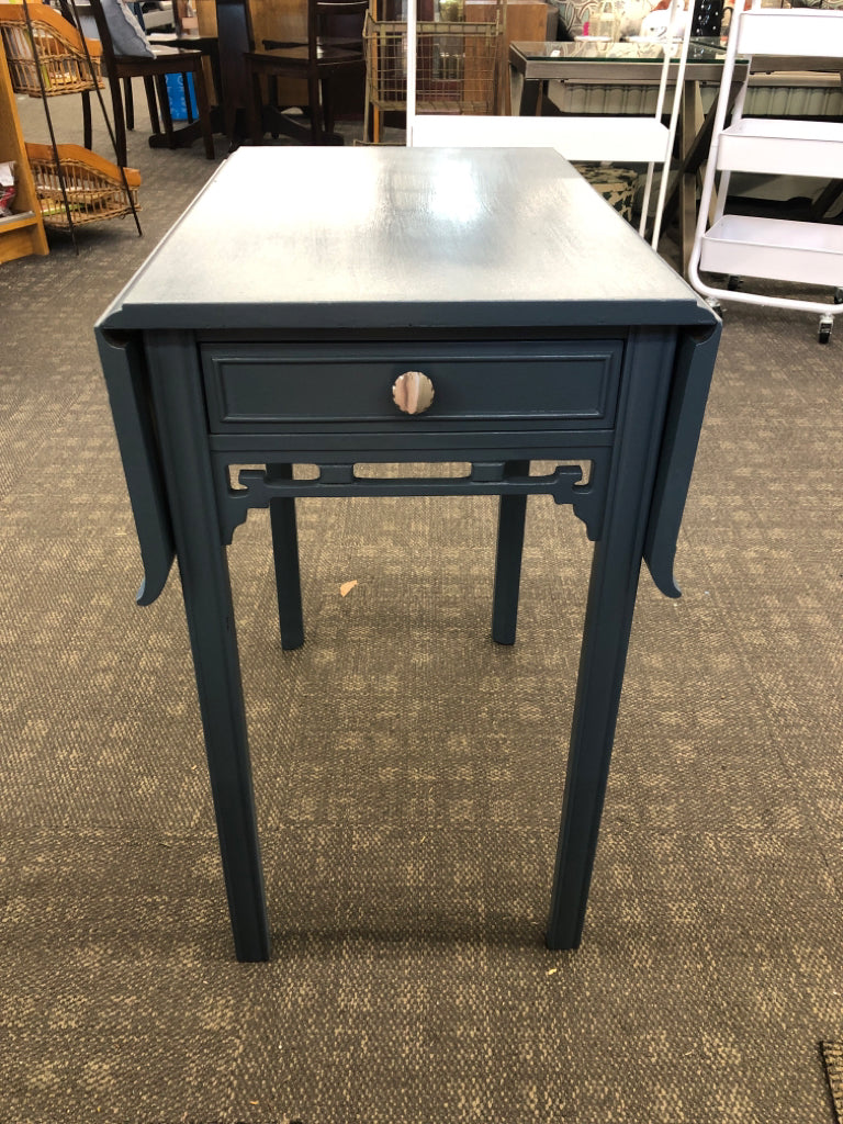 PAINTED BLUE TABLE W/FOLD-UP SIDES & DRAWER.