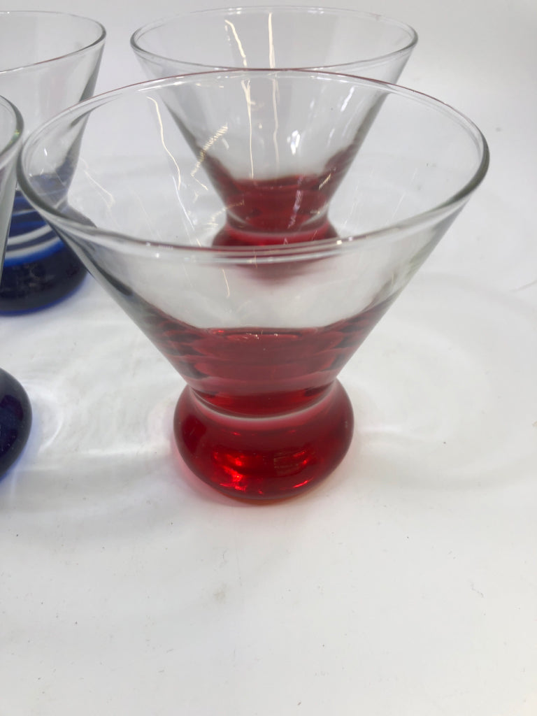 6PC COLORED BASE MARTINI GLASSES.