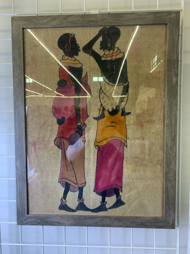 LADIES WITH BABIES ON BACK IN GREY FRAME WALL HANGING.