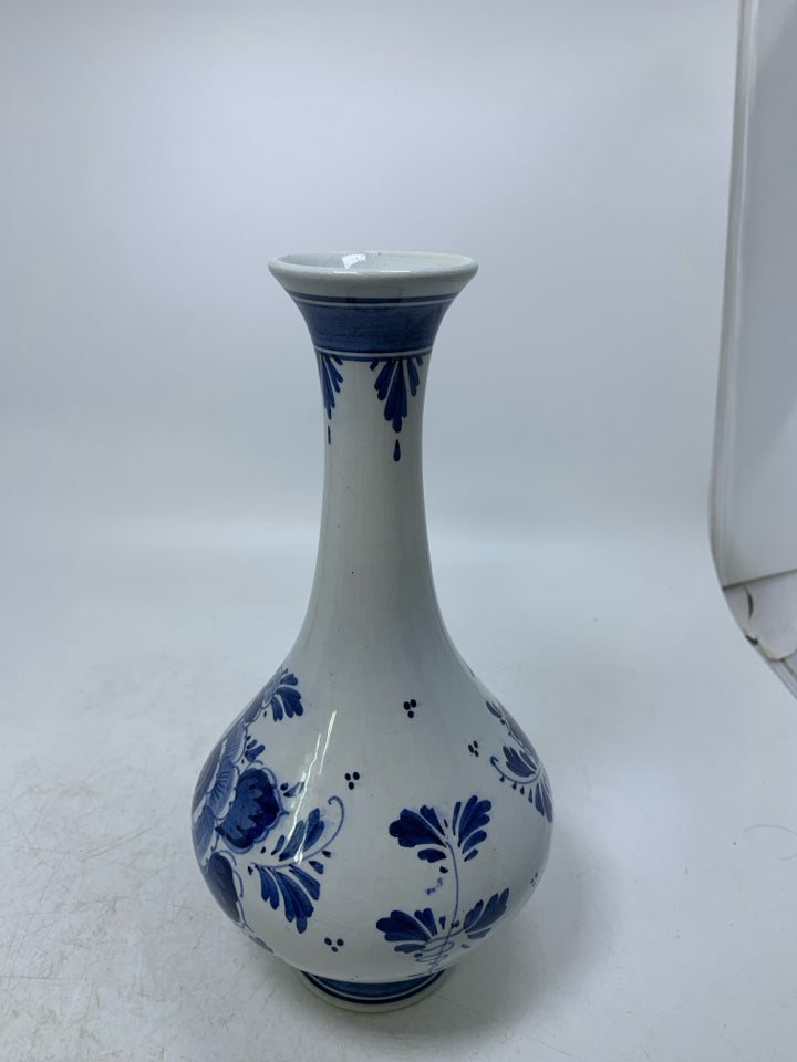 VTG FOOTED FLORAL W/ SAILBOAT PAINTED VASE W/ SKINNY NECK.