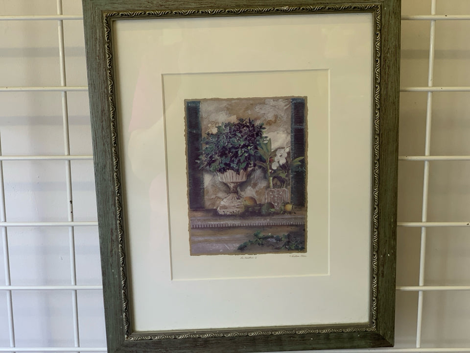 GREEN DISTRESSED FRAME PLANTER AND WHITE FLOWER WALL ART.