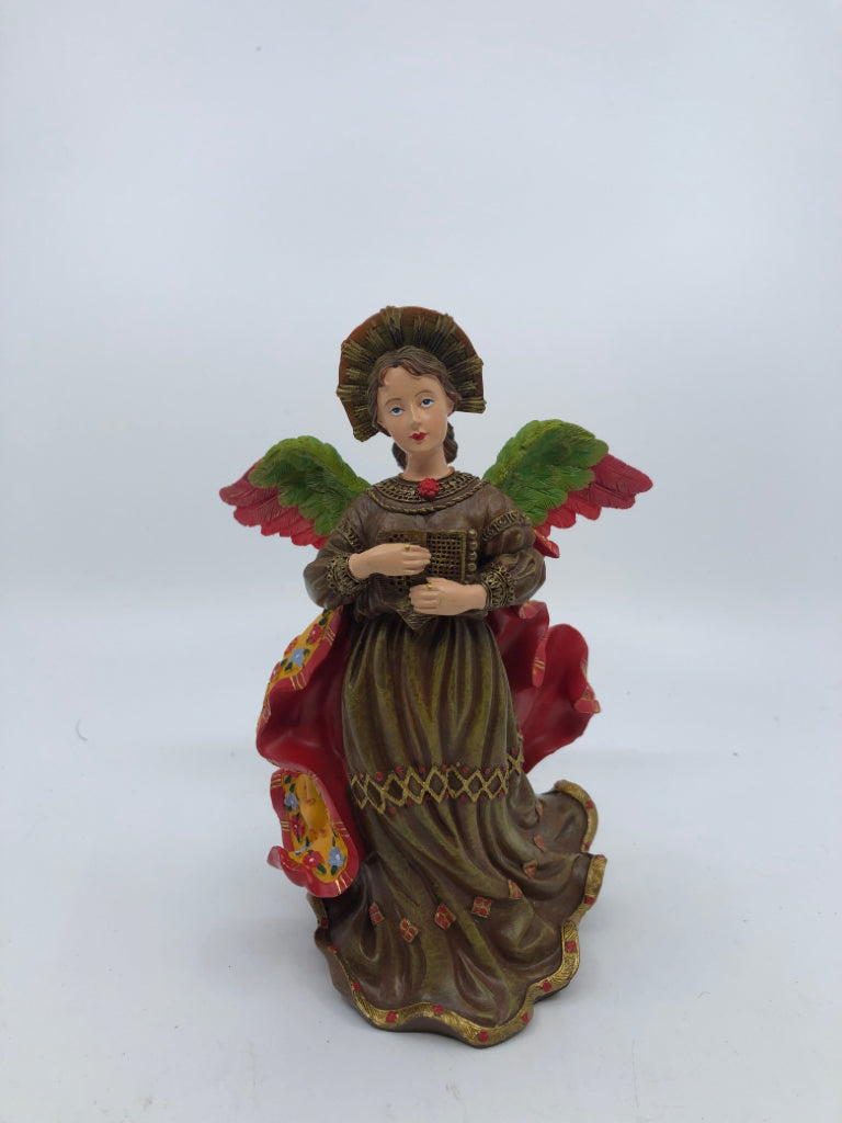 RESIN ANGEL W/ BROWN DRESS HOLDING BOOK.