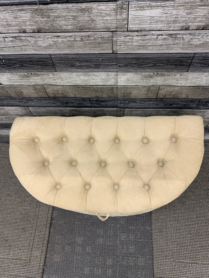 TAN HALF-MOON VELVET STORAGE OTTOMAN.