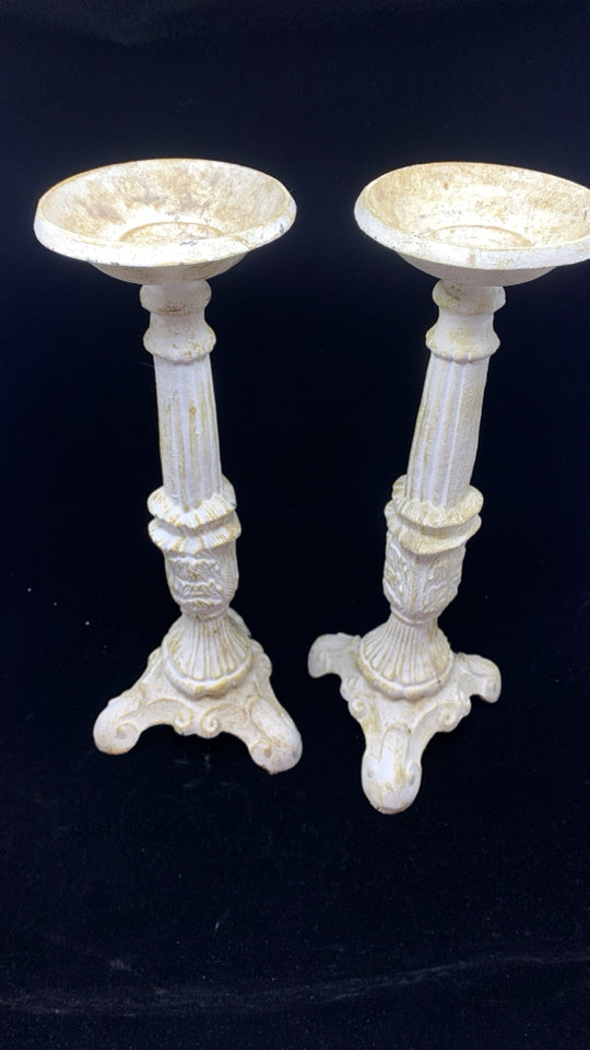 2 DISTRESSED WHITE METAL CANDLE STICK HOLDER.