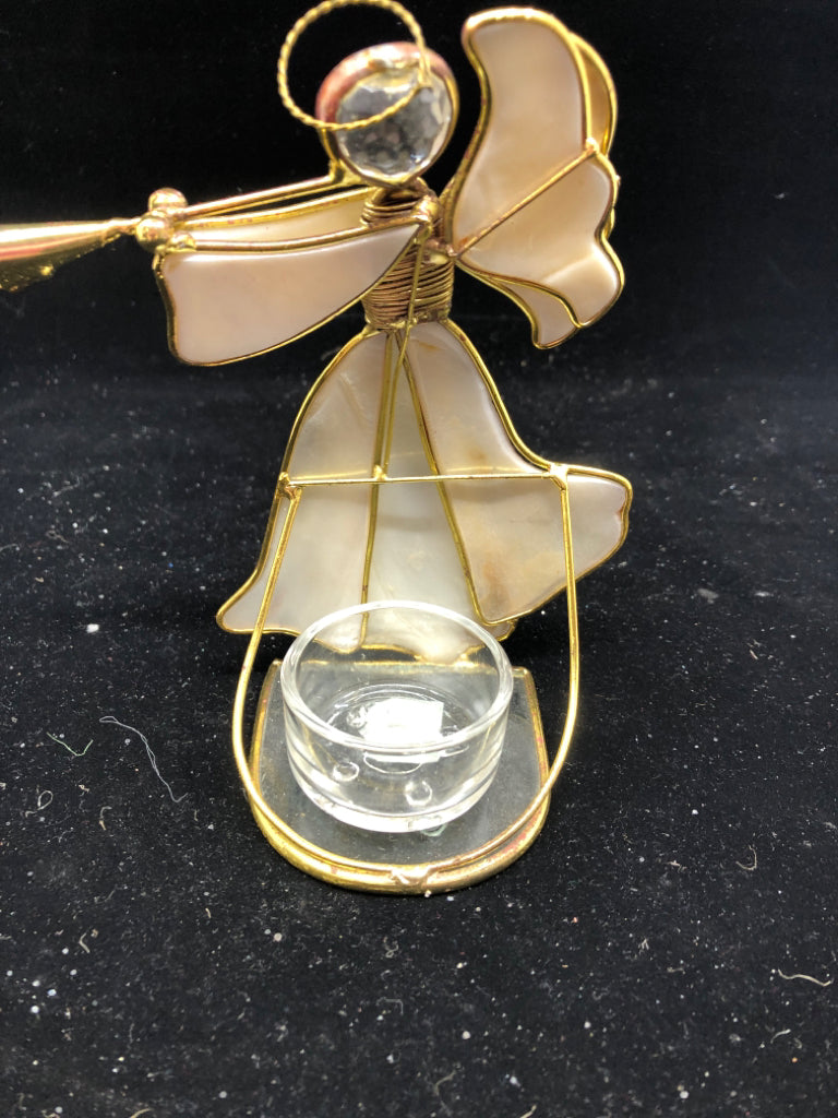 STAINED GLASS ANGEL WITH HORN TEA LIGHT HOLDER.