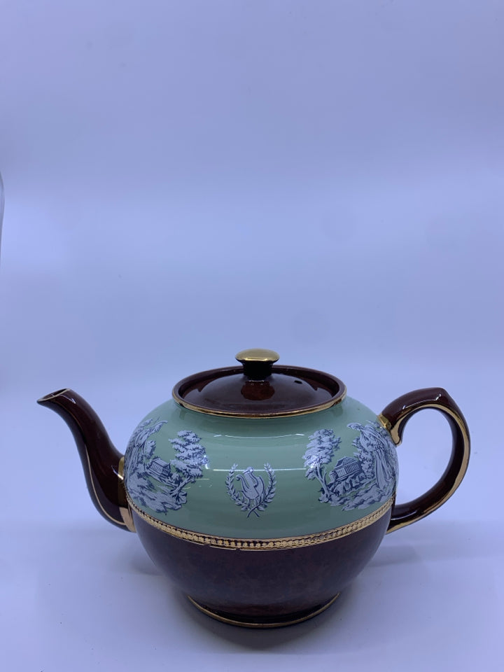 VTG BROWN TEA POT W/ MINT GREEN+ GOLD ACCENTS.