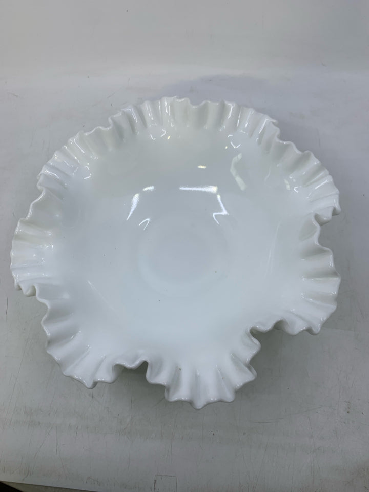 VTG MILK GLASS HOBNAIL CRIMPED RUFFLED EDGE BOWL.
