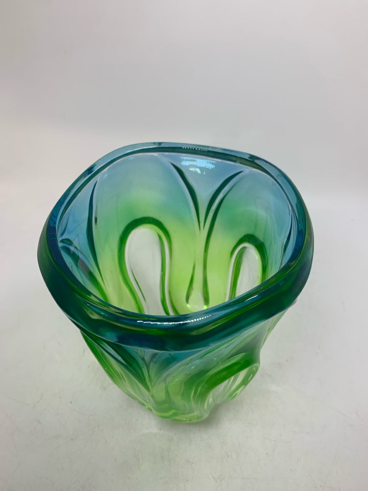 HEAVY GREEN/BLUE GLASS TEXTURED VASE.