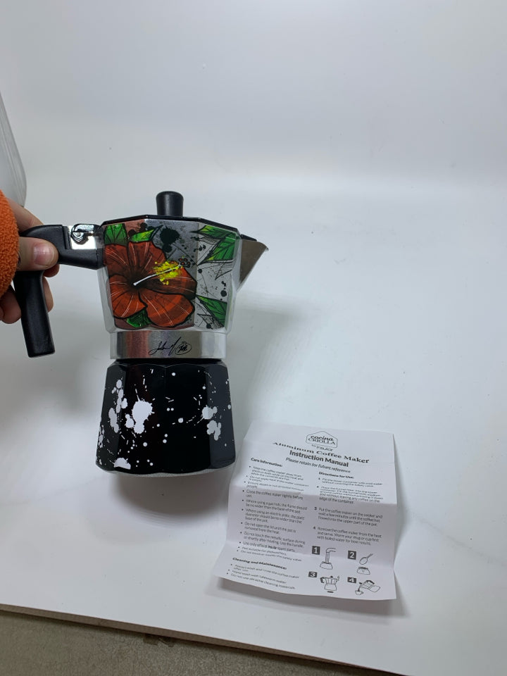 COCINA CRIOLLA ALUMINUM COFFEE MAKER W/ TREE FROG & PAINT SPLATTER.