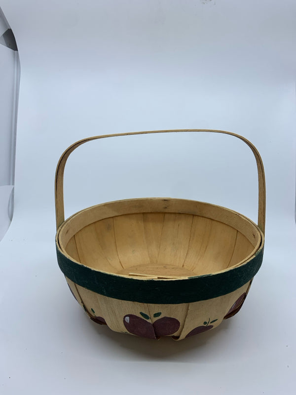 WOODEN APPLE BASKET W HANDLE.