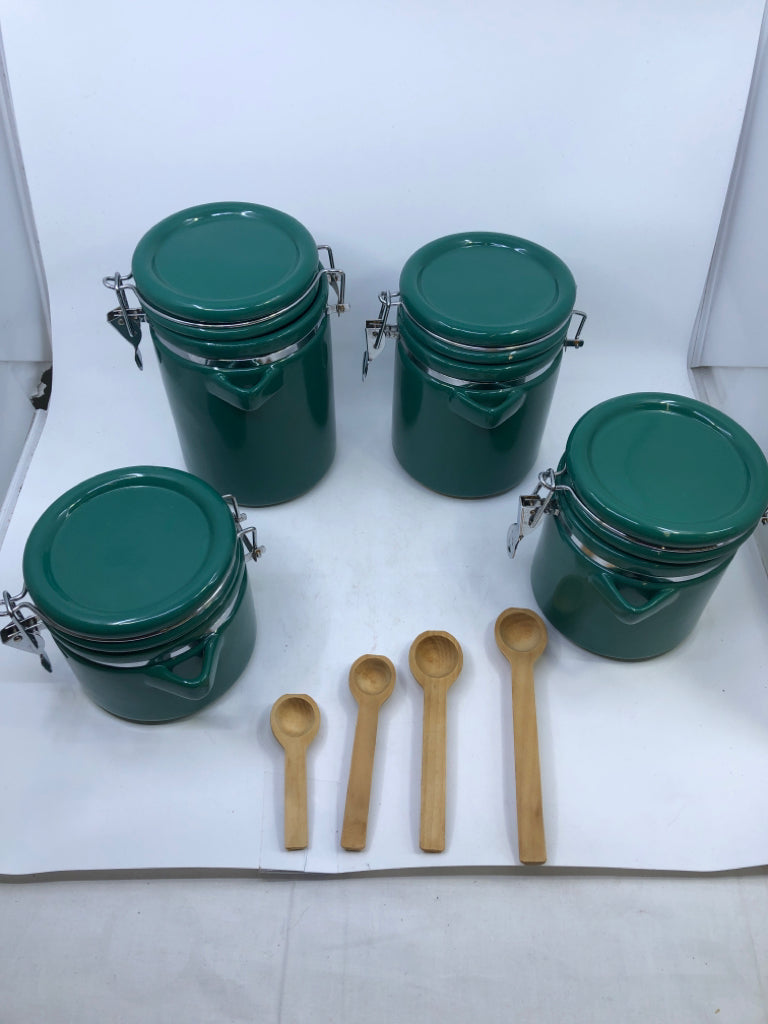 4PC BRIGHT GREEN CANISTERS W SPOONS.