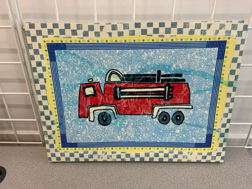 FIRE TRUCK W/CHECKERED BORDER CANVAS WALL HANGING.