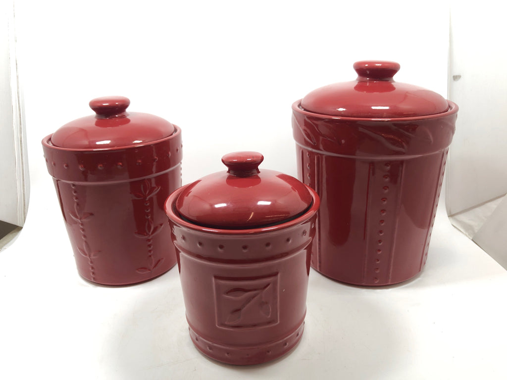 3PC RED CERAMIC CANISTER SET.