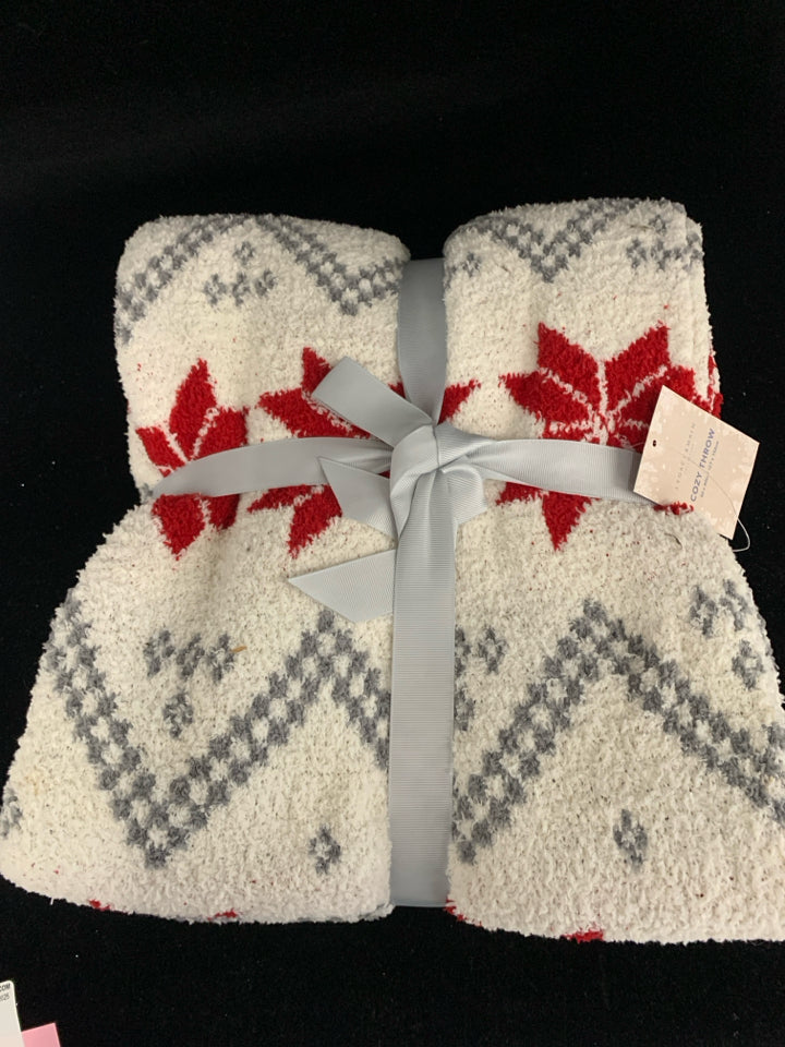 NIP WHITE W/ RED SNOWFLAKES THROW BLANKET.