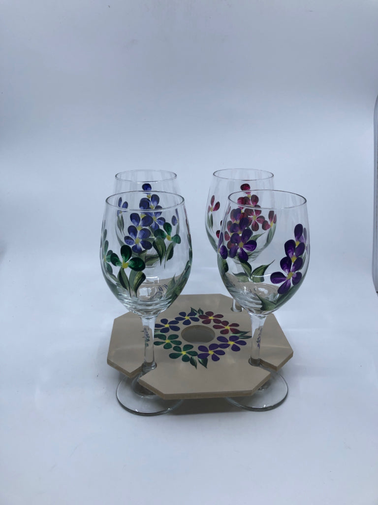 5PC FLORAL PAINTED WINE GLASS SET W WOOD STAND.