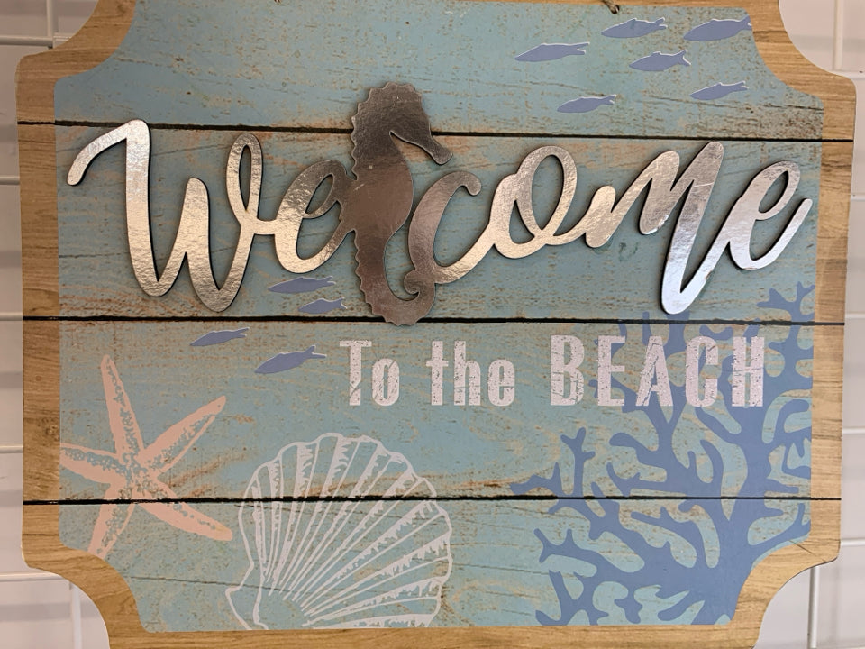 WELCOME TO THE BEACH SEAHORSE LAYERED SIGN.