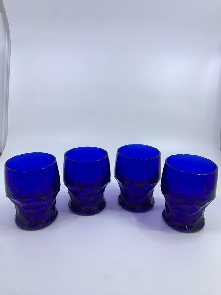 4 COBALT BLUE GLASS GEORGIA PATTERN TUMBLERS.