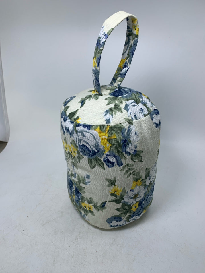 BLUE ROSES FLORAL FABRIC WEIGHTED DOOR STOP.