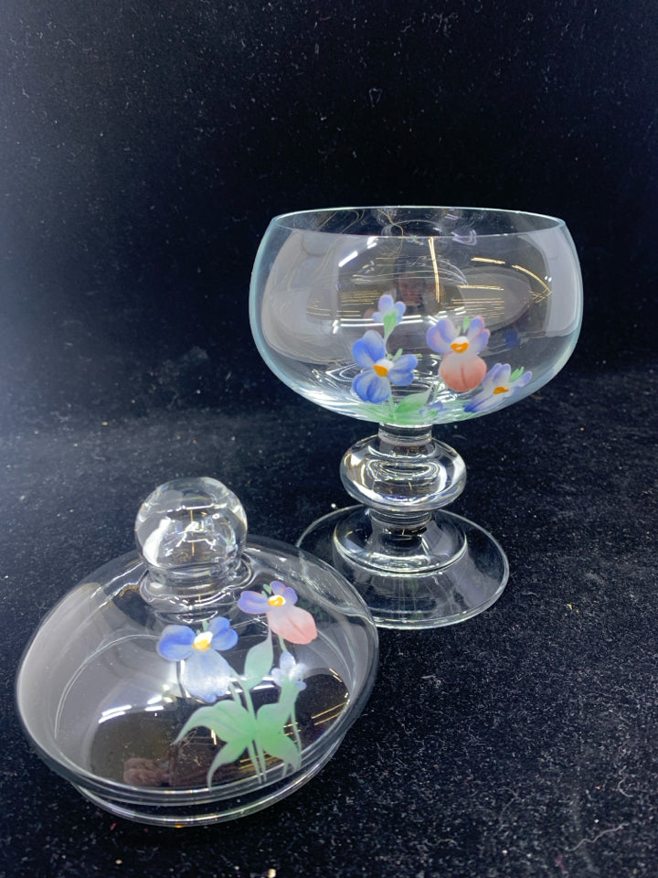 FLORAL PAINTED GLASS CANDY DISH WITH LID.