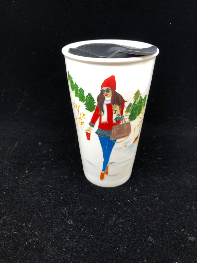 WOMAN IN SWEATER - CERAMIC REUSABLE TRAVEL MUG.