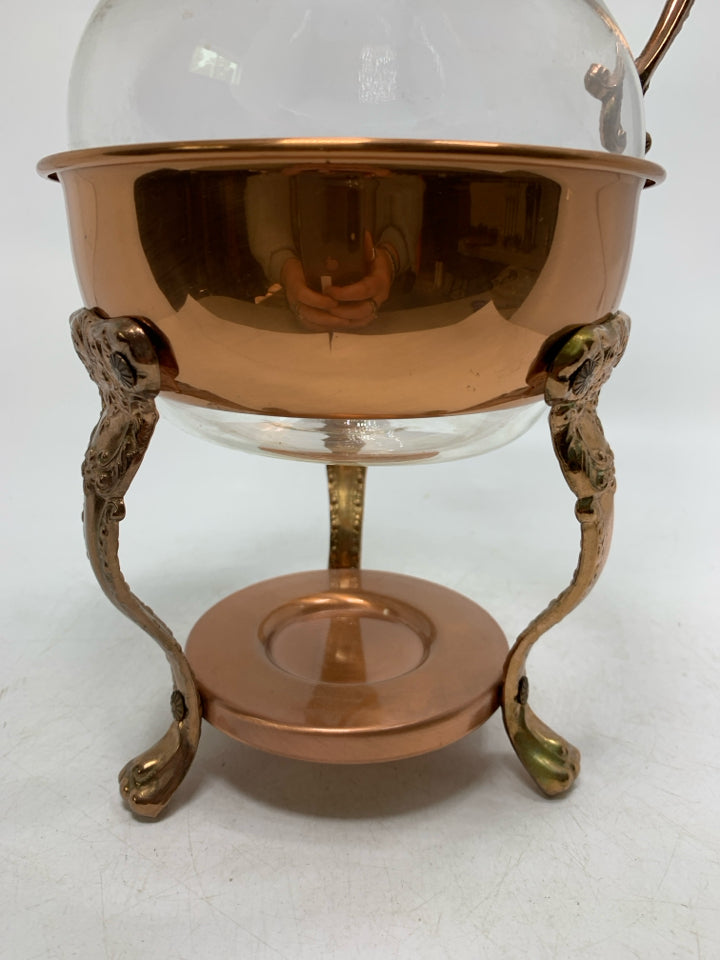 VTG GLASS + COPPER COFFEE POT WITH WARMING STAND.