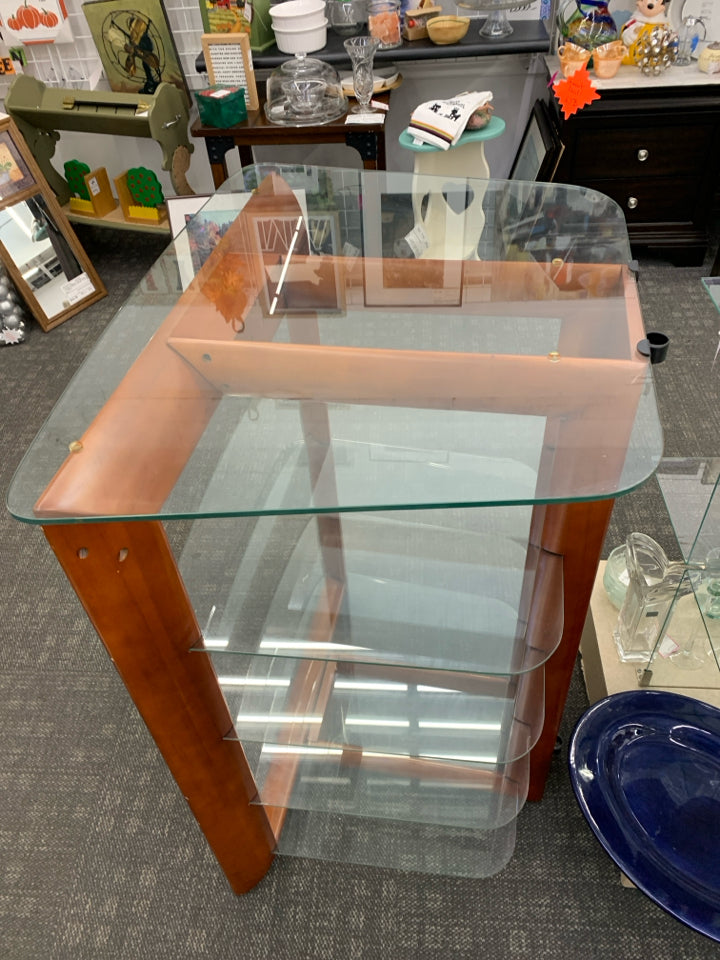 DARK WOOD CORNER SHELF W GLASS SHELVES.