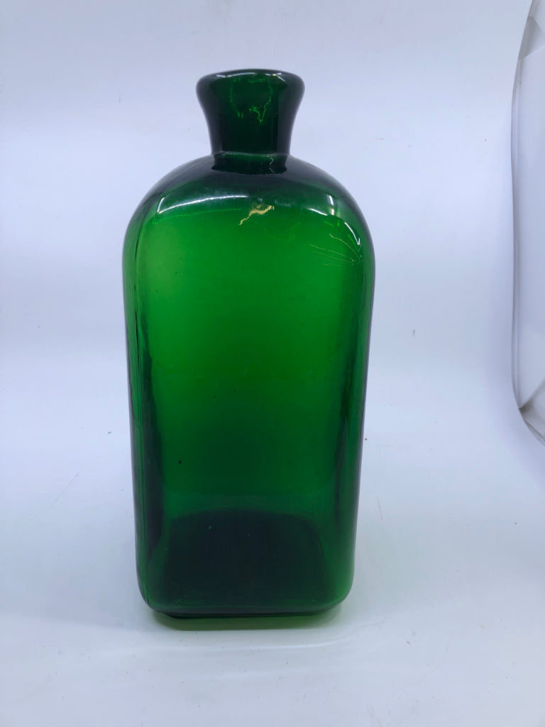 HEAVY GREEN GLASS DECORATIVE BOTTLE.