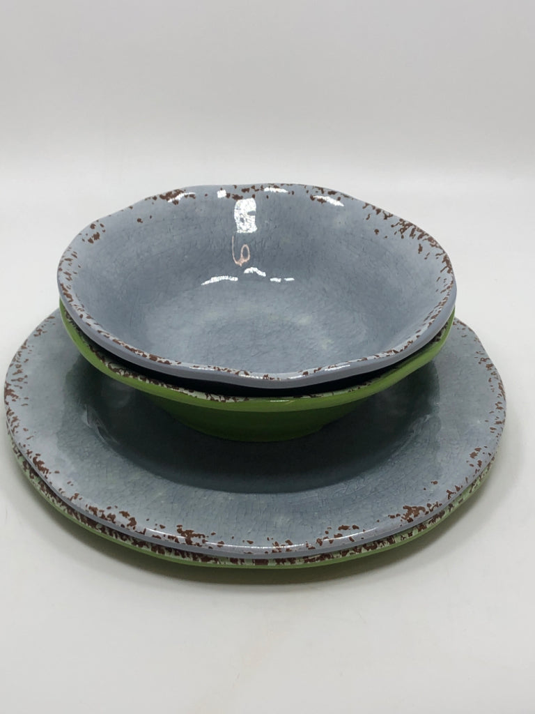 4PC BLUE/GREEN MELAMINE PLATES+BOWLS.
