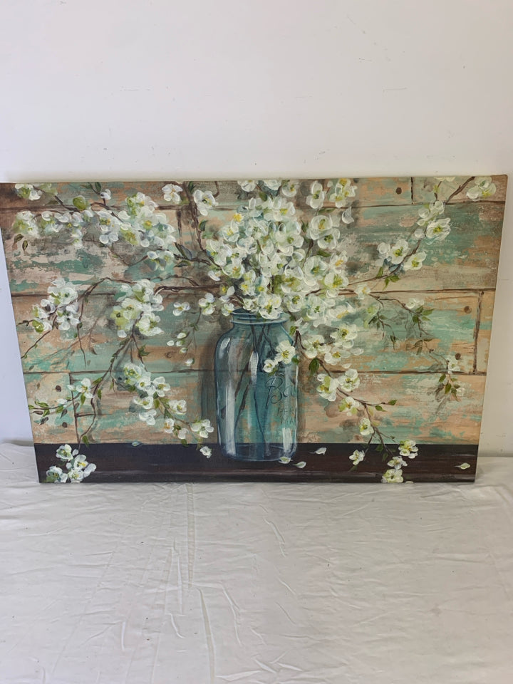 BLUE BALL JAR W/ WHITE FLOWERS DISTRESSED WOOD/TEAL WALL CANVAS.