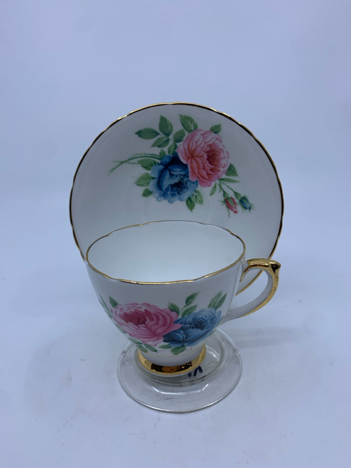 VTG ROYAL TRENT PINK AND BLUE FLORAL TEACUP AND SAUCER.