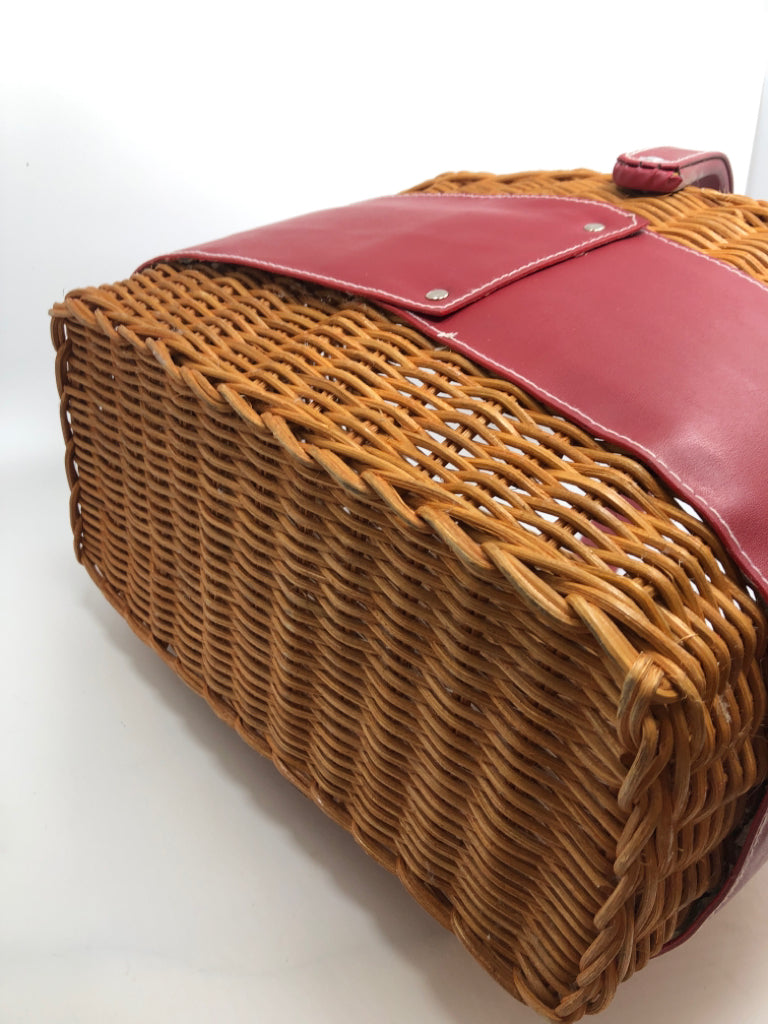 RED POCKET & WICKER CRAFT STORAGE BIN.