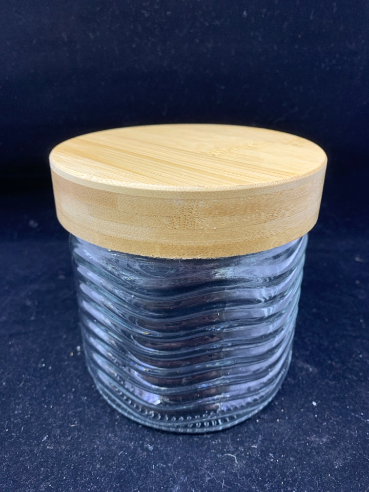 GLASS CONTAINER W/ WOODEN TOP.