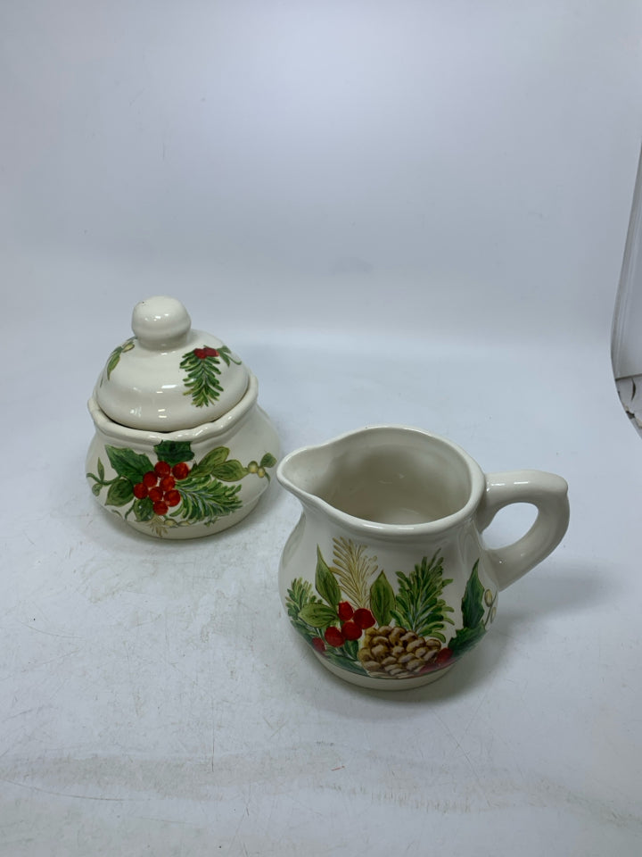 2 PC HOLLY/PINE CONE PAINTED SUGAR/CREAMER MAXCERA.