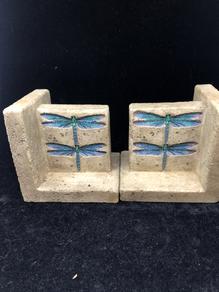 2 HEAVY FAUX STONE CARVED DRAGONFLY BOOKENDS.
