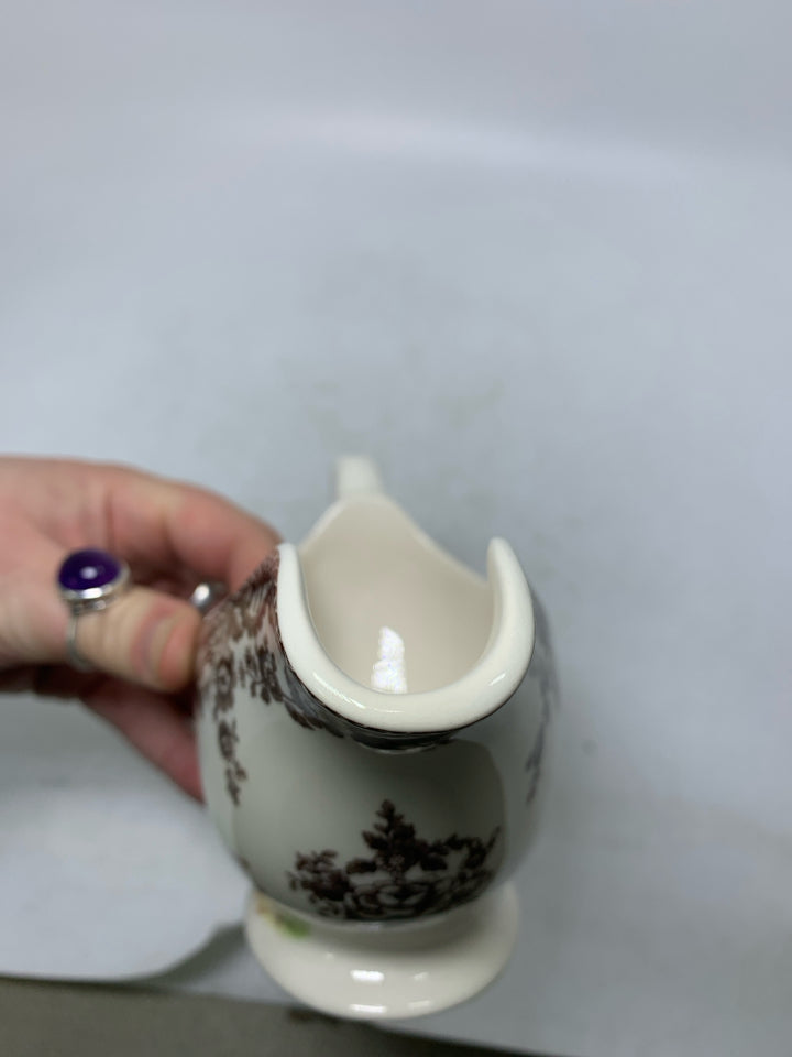 SPODE WOODLAND GRAVY BOAT W/ MALLARD DUCK & SNIPE BIRD BROWN FLORAL BOARDER.