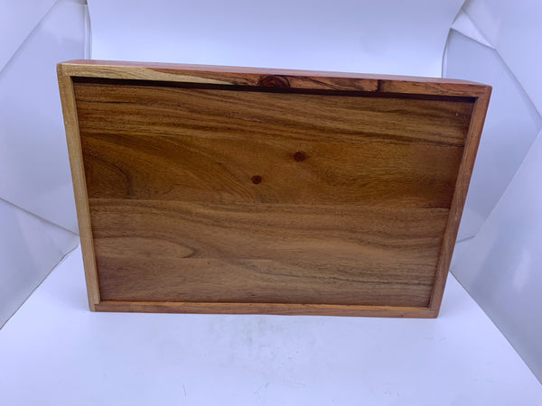 WOOD TRAY WITH GOLD HANDLES.