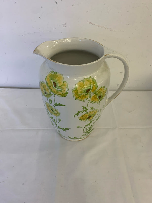 VTG YELLOW GREEN FLORAL LARGE PITCHER.