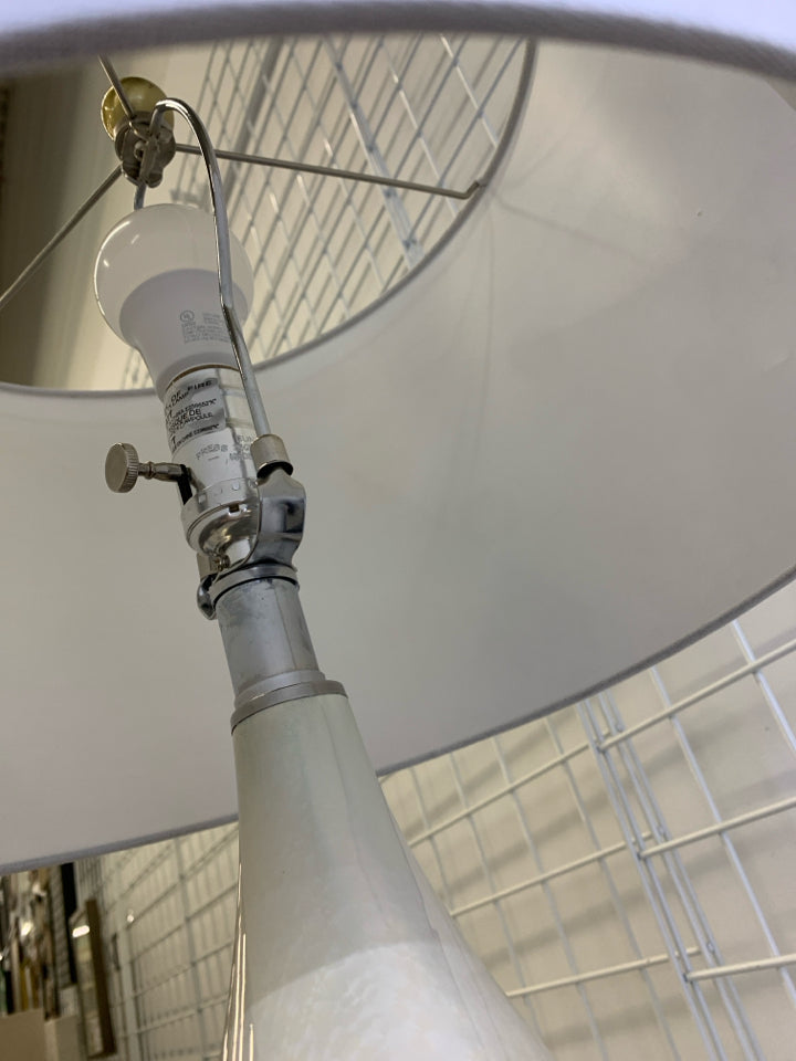 GOLD GLASS BASE LAMP W/WHITE SHADE.