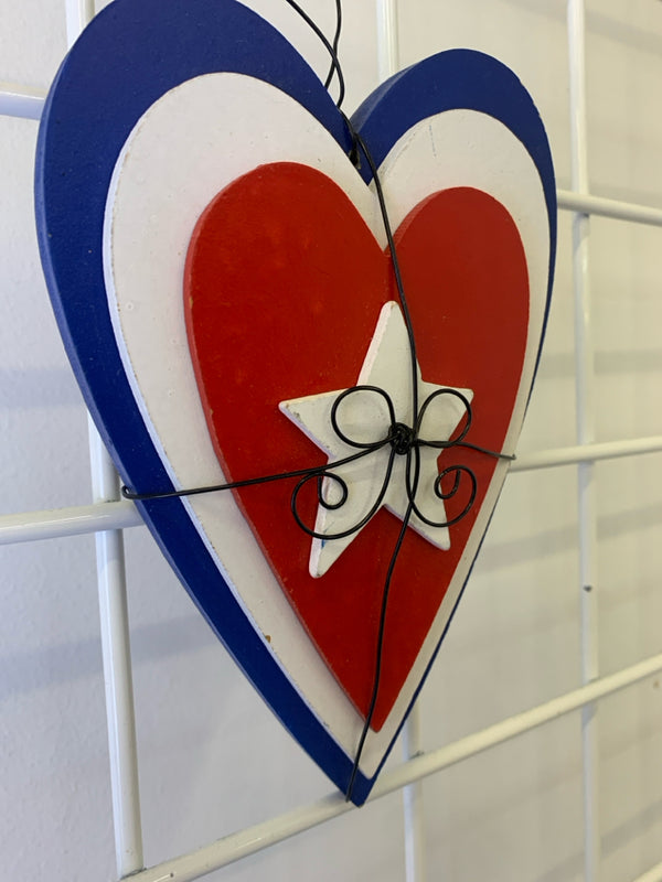 RED, WHITE AND BLUE HEART WALL HANGING.