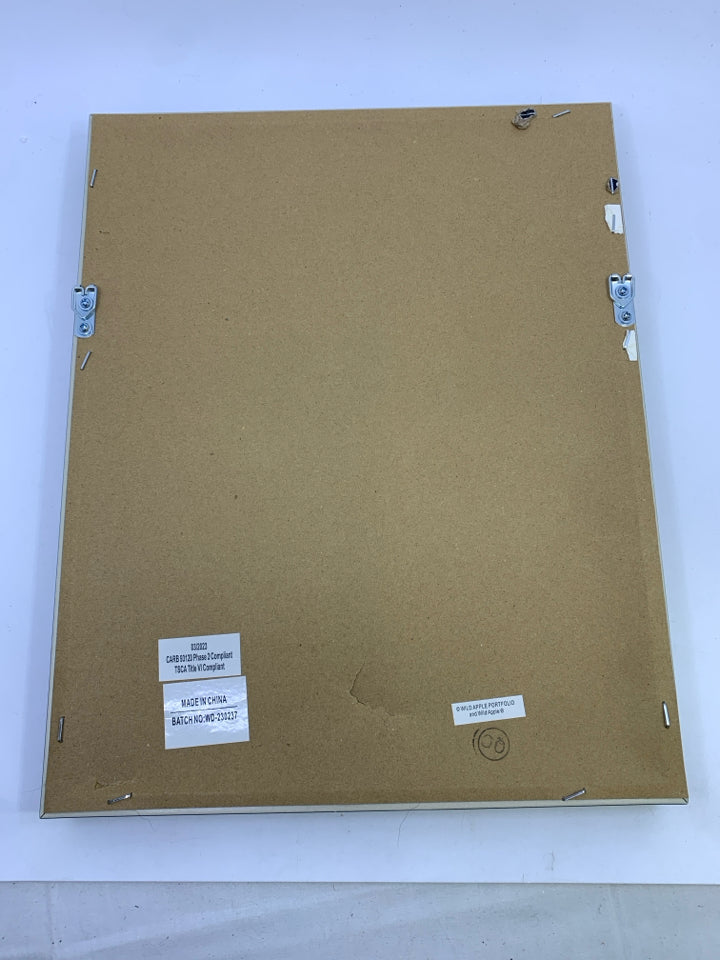 BIRD ON BRANCH W/GOLD BORDER IN GRAY WOOD FRAME WALL HANGING.