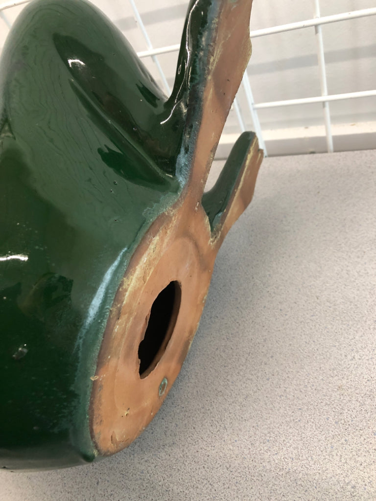 GREEN GLAZED TERRA COTTA FROG YARD DECOR.