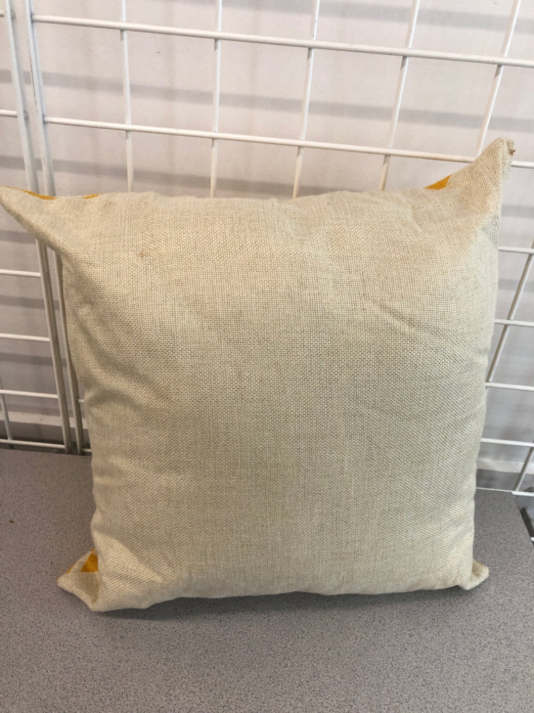 YELLOW BURLAP ACCENT PILLOW.