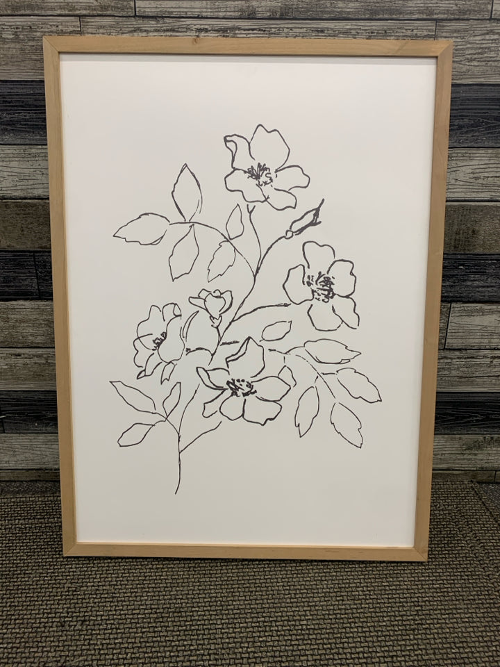 FLOWER LINE ART W/WOOD FRAME.