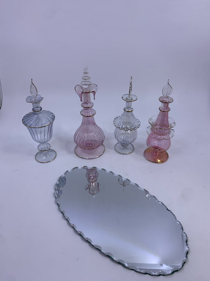 5PC PERFUME SET W/MIRROR & GLASS TRAY ESSENCE COLLECTION.