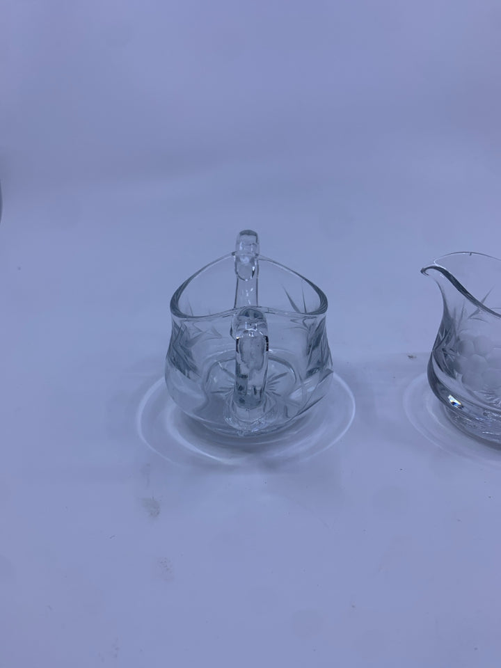 ETCHED GLASS CREAMER AND SUGAR SET.