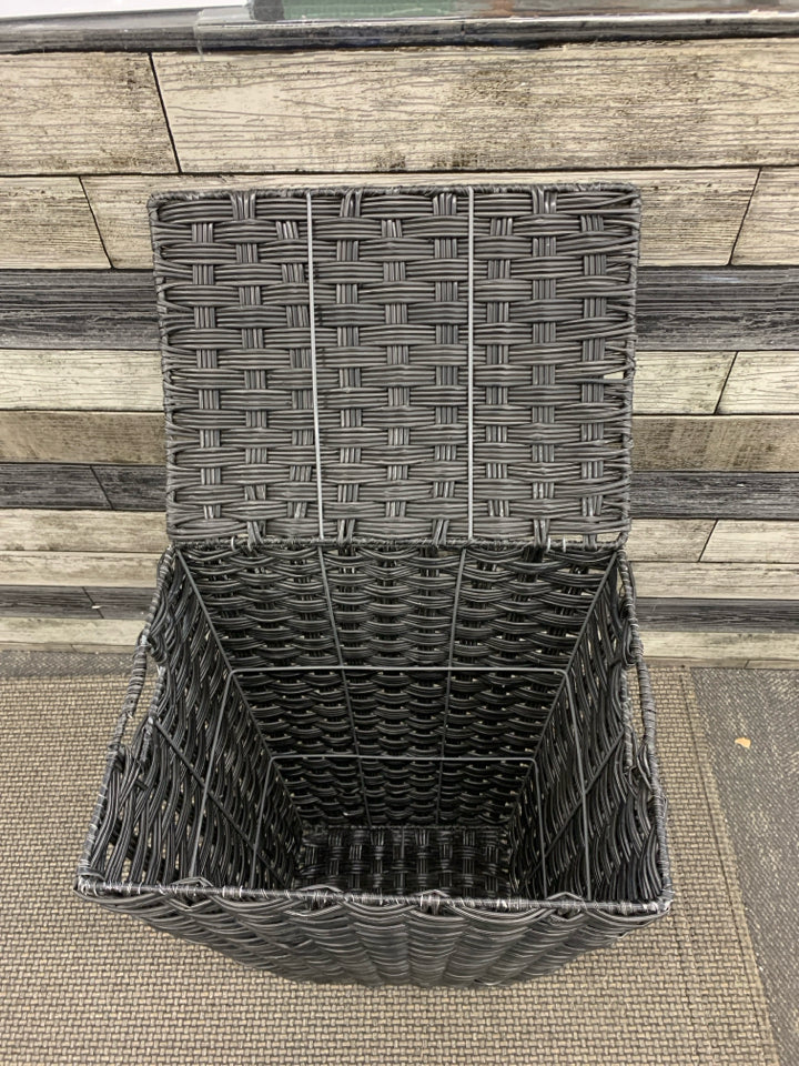 BLACK WOVEN STORAGE HAMPER W/FLAP LID.