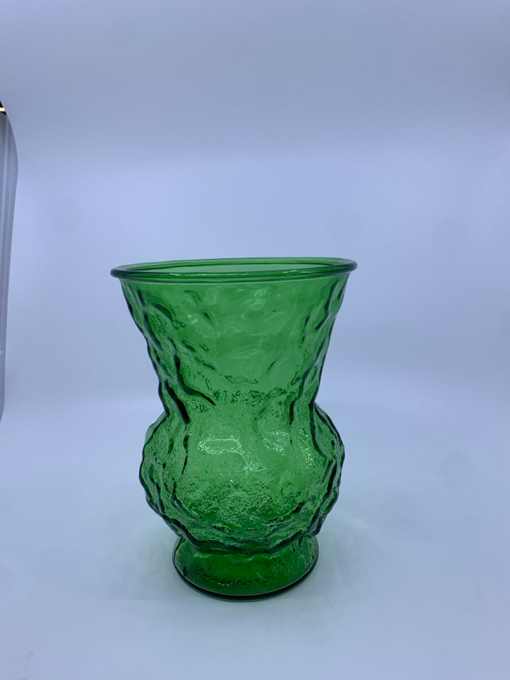 VTG GREEN DIMPLED VASE W/FLARE TOP.