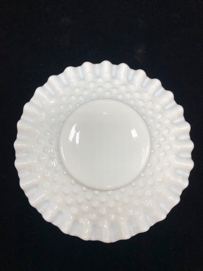 VTG RUFFLED EDGE HOBNAIL MILK GLASS CANDLE PLATE.