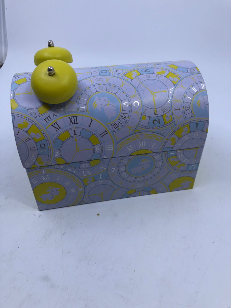 TIN STORAGE CONTAINER WITH LID YELLOW CLOCK.