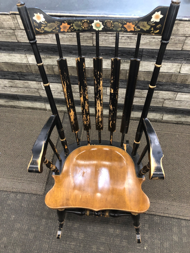 BLACK/BROWN WOOD ROCKING CHAIR W/PAINTED FLOWERS.